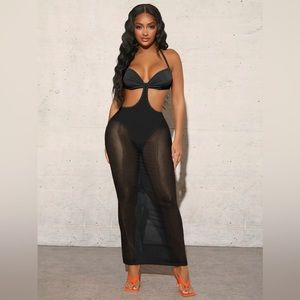 Ruched Bust Tie Backless Split Hem Panty Insert Halter Mesh Dress🔥